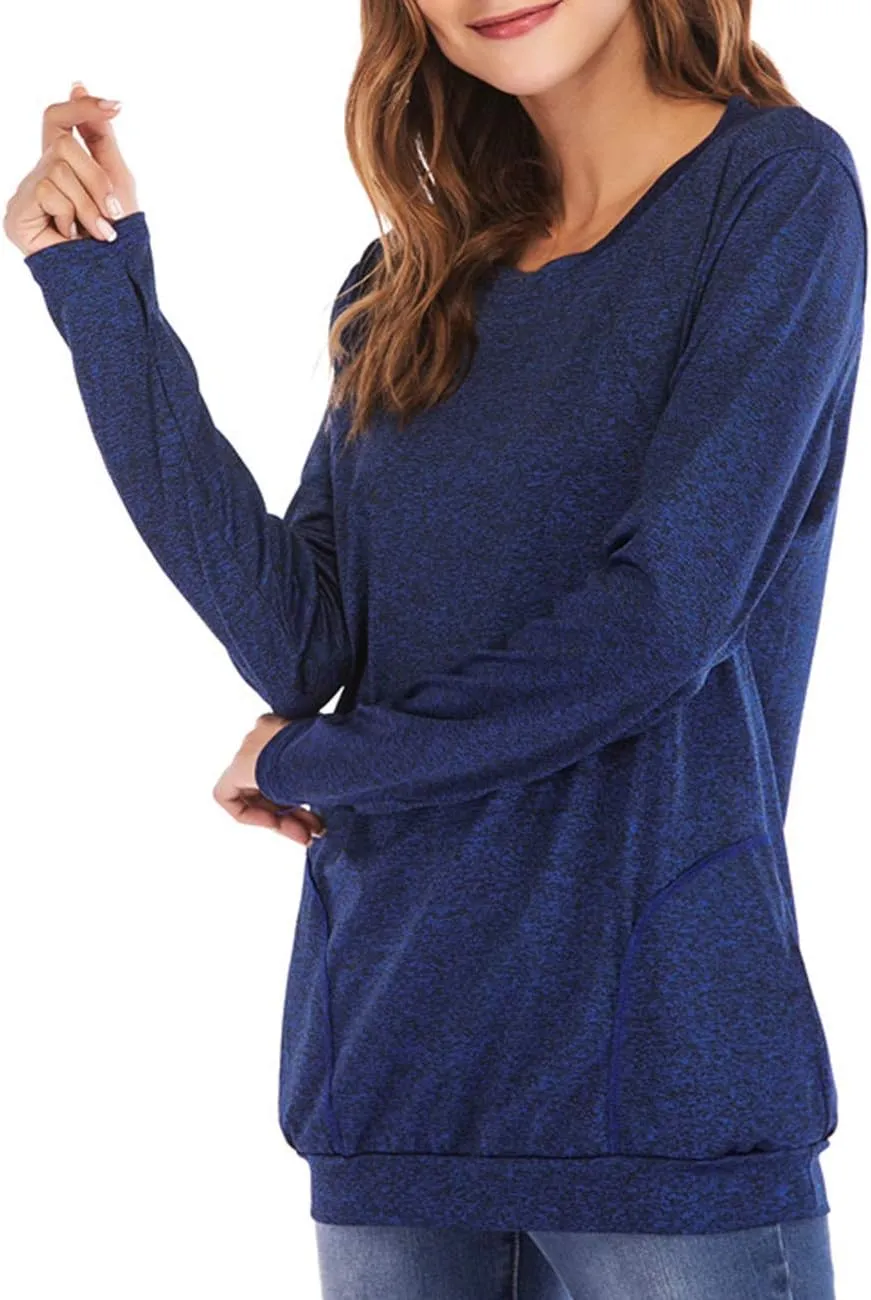 Womens Long Sleeve Round Neck Blouse With Pocket Quick-Dry Gym T Shirt For Legging Pullover Thumb Holes Tunic Tops