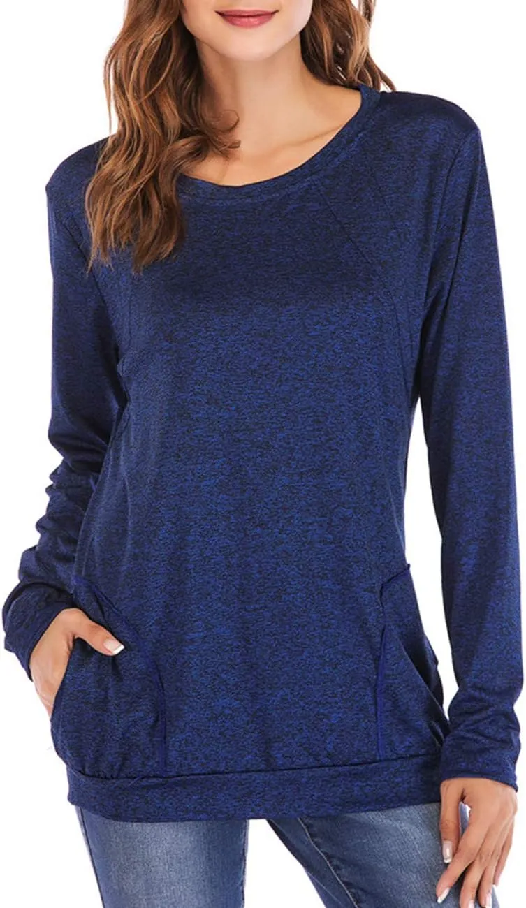 Womens Long Sleeve Round Neck Blouse With Pocket Quick-Dry Gym T Shirt For Legging Pullover Thumb Holes Tunic Tops