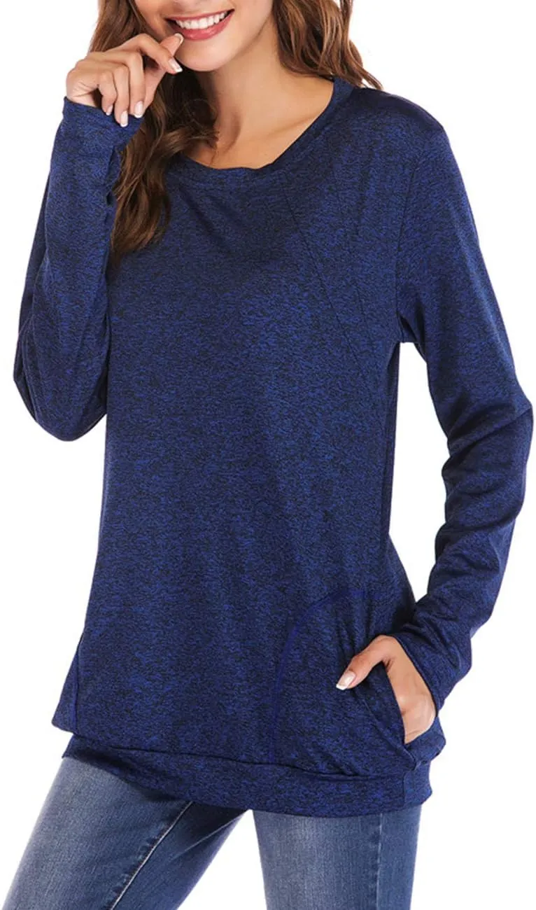 Womens Long Sleeve Round Neck Blouse With Pocket Quick-Dry Gym T Shirt For Legging Pullover Thumb Holes Tunic Tops