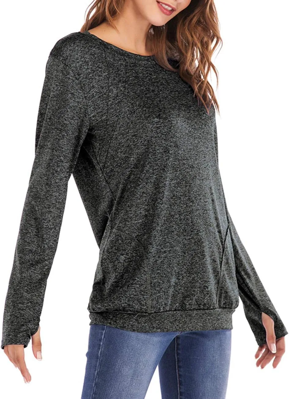 Womens Long Sleeve Round Neck Blouse With Pocket Quick-Dry Gym T Shirt For Legging Pullover Thumb Holes Tunic Tops