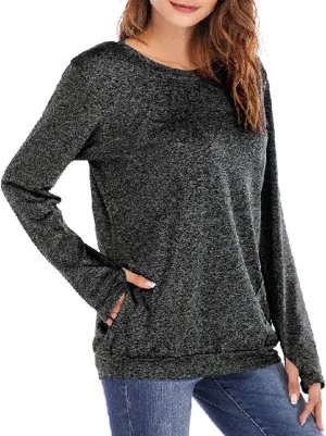 Womens Long Sleeve Round Neck Blouse With Pocket Quick-Dry Gym T Shirt For Legging Pullover Thumb Holes Tunic Tops