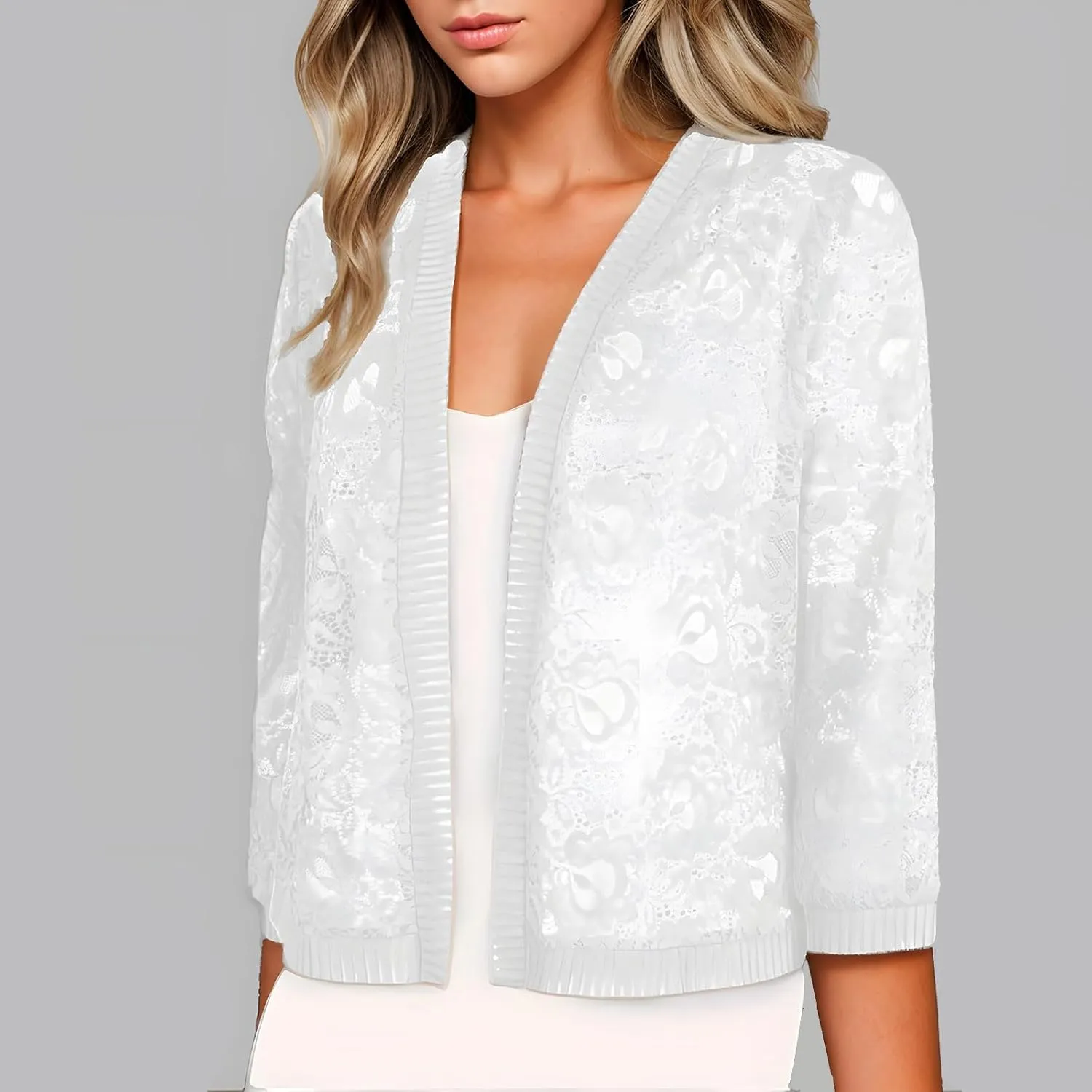 Womens Plus Size Cropped Cardigans Lightweight 3/4 Sleeve Lace Crochet Shrug Dressy Casual Sheer Cover Up Tops