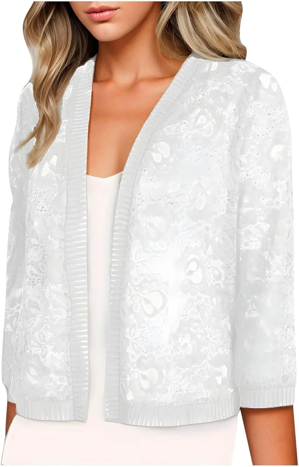 Womens Plus Size Cropped Cardigans Lightweight 3/4 Sleeve Lace Crochet Shrug Dressy Casual Sheer Cover Up Tops