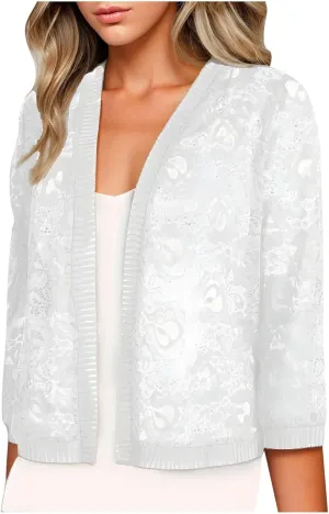 Womens Plus Size Cropped Cardigans Lightweight 3/4 Sleeve Lace Crochet Shrug Dressy Casual Sheer Cover Up Tops