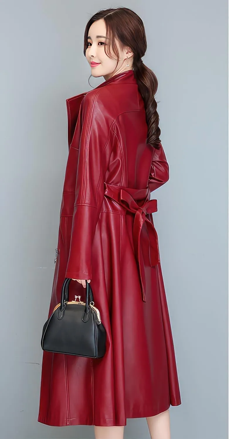 Women's PU Faux Leather Long Trench Coat