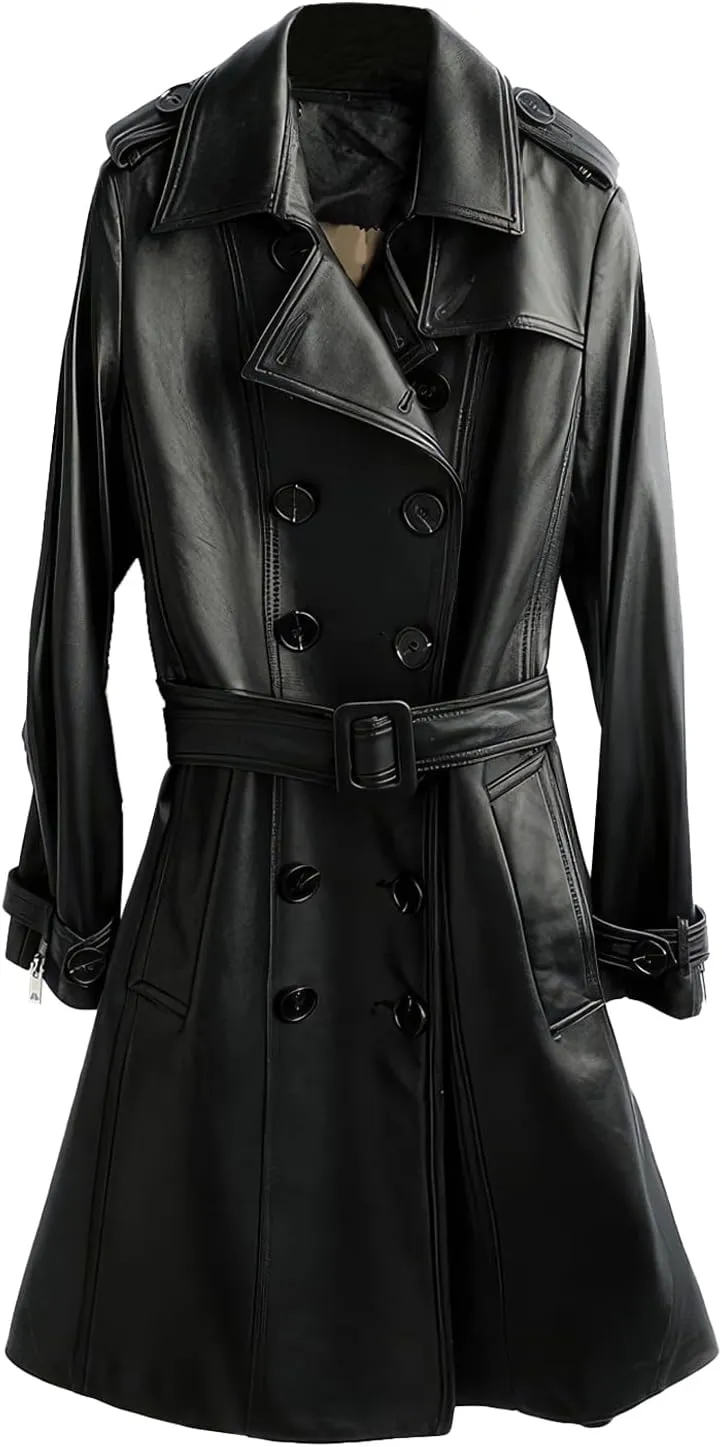 Women's PU Faux Leather Long Trench Coat