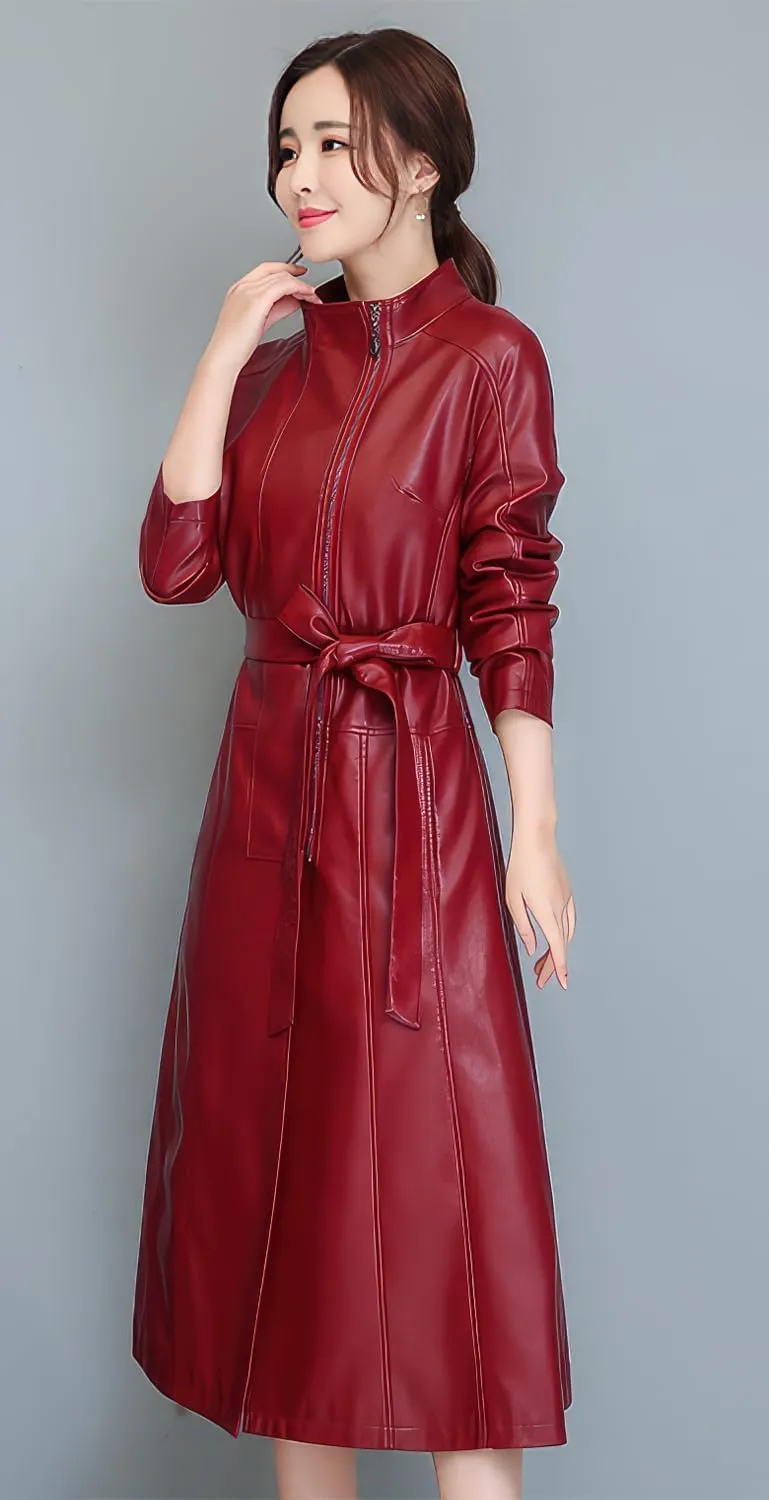 Women's PU Faux Leather Long Trench Coat