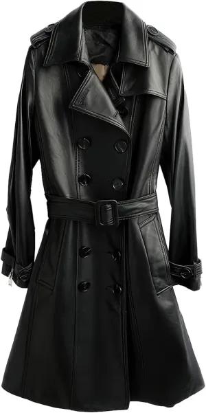 Women's PU Faux Leather Long Trench Coat