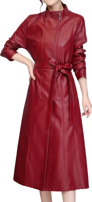 Women's PU Faux Leather Long Trench Coat