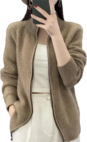 Women's Pure Wool Zipper Sweater Cardigan Stand Collar Cashmere Knitted Coat