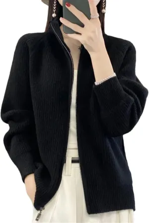 Women's Pure Wool Zipper Sweater Cardigan Stand Collar Cashmere Knitted Coat