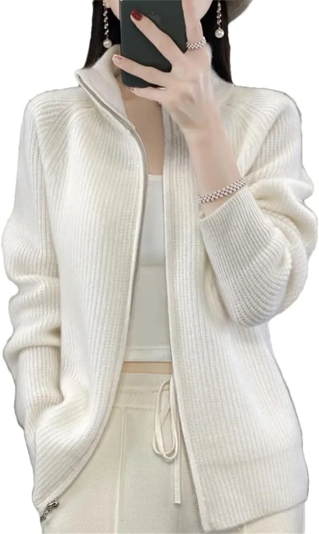 Women's Pure Wool Zipper Sweater Cardigan Stand Collar Cashmere Knitted Coat