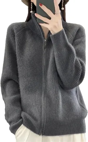 Women's Pure Wool Zipper Sweater Cardigan Stand Collar Cashmere Knitted Coat