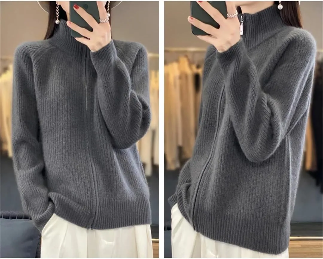 Women's Pure Wool Zipper Sweater Cardigan Stand Collar Cashmere Knitted Coat