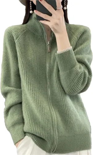 Women's Pure Wool Zipper Sweater Cardigan Stand Collar Cashmere Knitted Coat