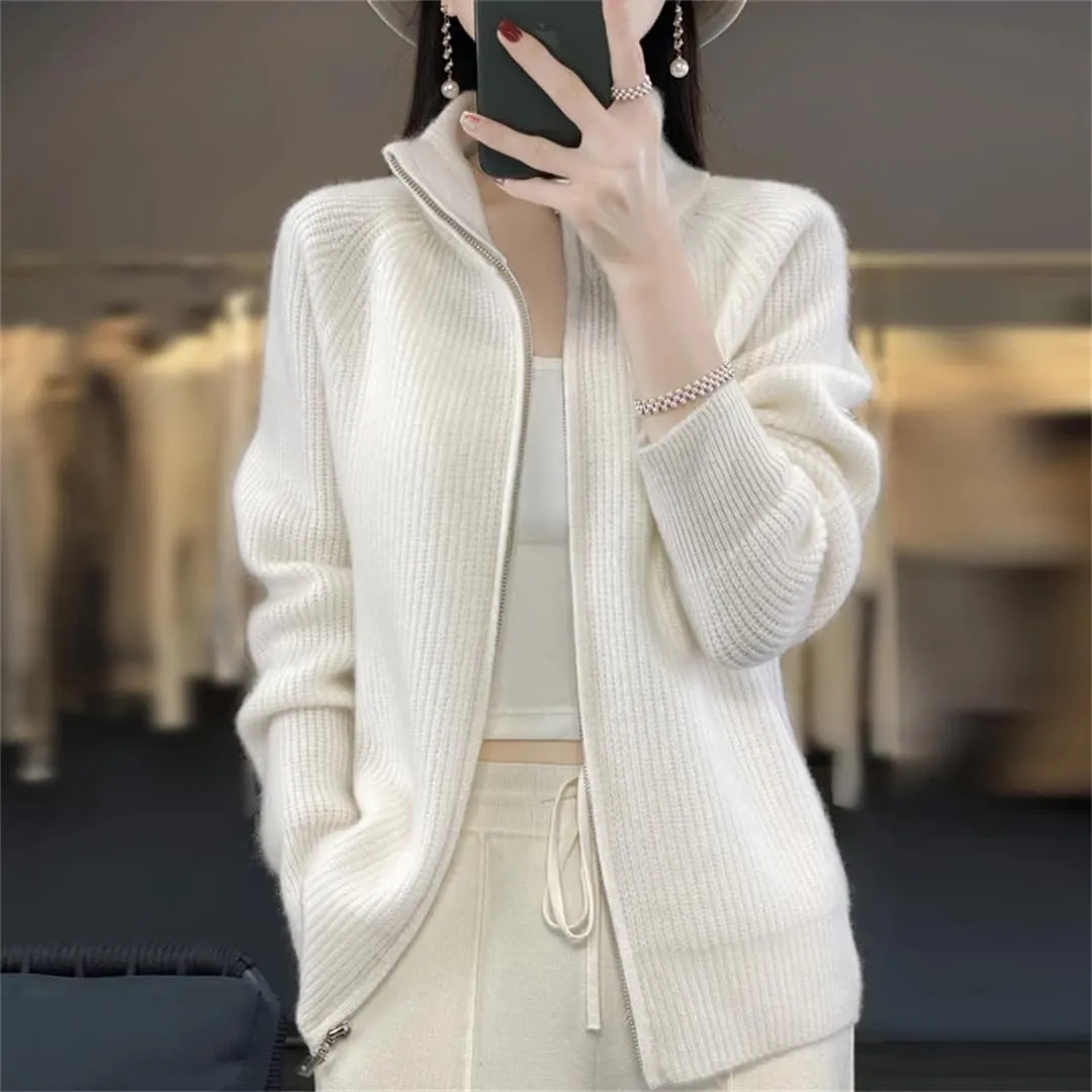 Women's Pure Wool Zipper Sweater Cardigan Stand Collar Cashmere Knitted Coat