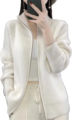 Women's Pure Wool Zipper Sweater Cardigan Stand Collar Cashmere Knitted Coat