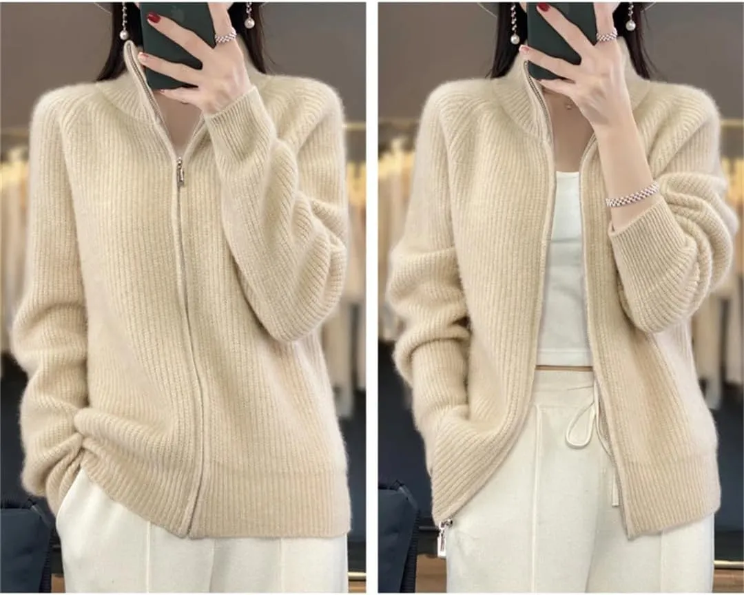 Women's Pure Wool Zipper Sweater Cardigan Stand Collar Cashmere Knitted Coat