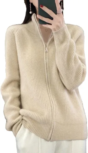 Women's Pure Wool Zipper Sweater Cardigan Stand Collar Cashmere Knitted Coat