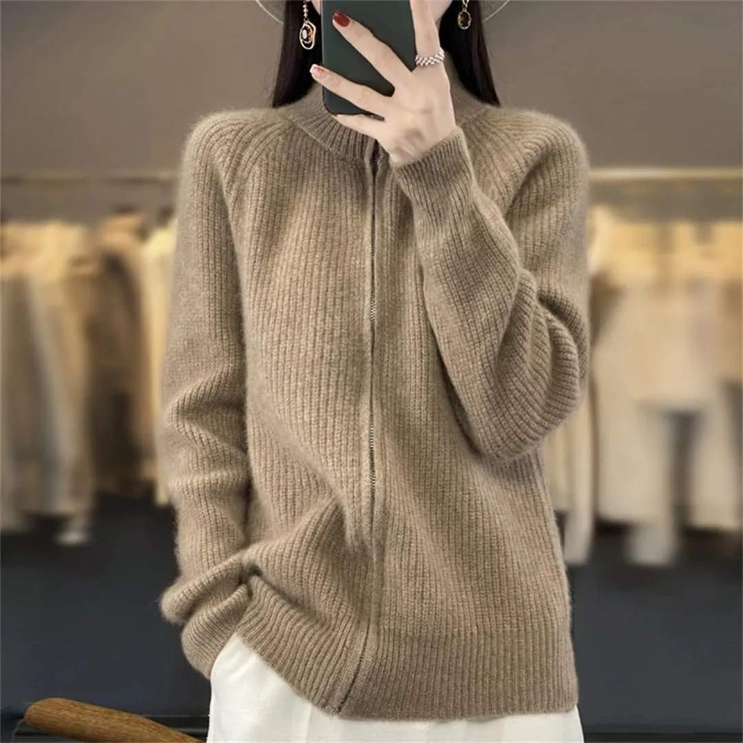 Women's Pure Wool Zipper Sweater Cardigan Stand Collar Cashmere Knitted Coat