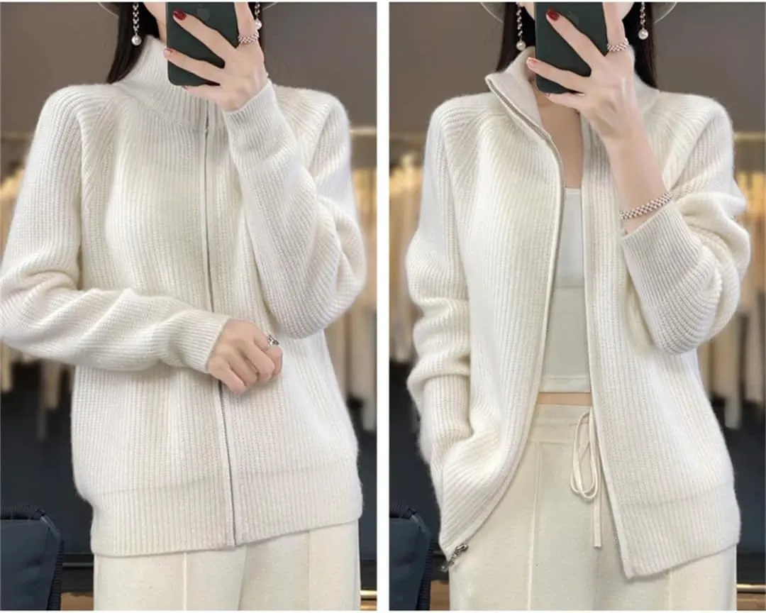 Women's Pure Wool Zipper Sweater Cardigan Stand Collar Cashmere Knitted Coat