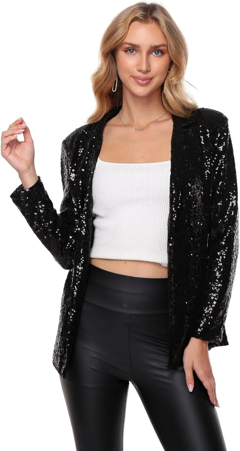 Women's Sequin Jacket Open Front Sparkly Blazer Jackets Casual Long Sleeve Party Glitter Cardigan Coat with Pockets