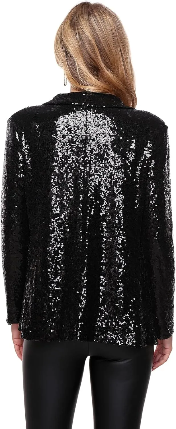 Women's Sequin Jacket Open Front Sparkly Blazer Jackets Casual Long Sleeve Party Glitter Cardigan Coat with Pockets