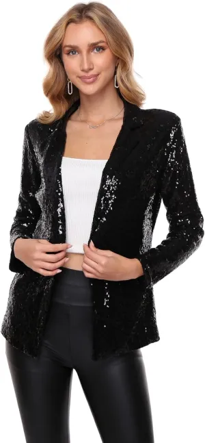 Women's Sequin Jacket Open Front Sparkly Blazer Jackets Casual Long Sleeve Party Glitter Cardigan Coat with Pockets