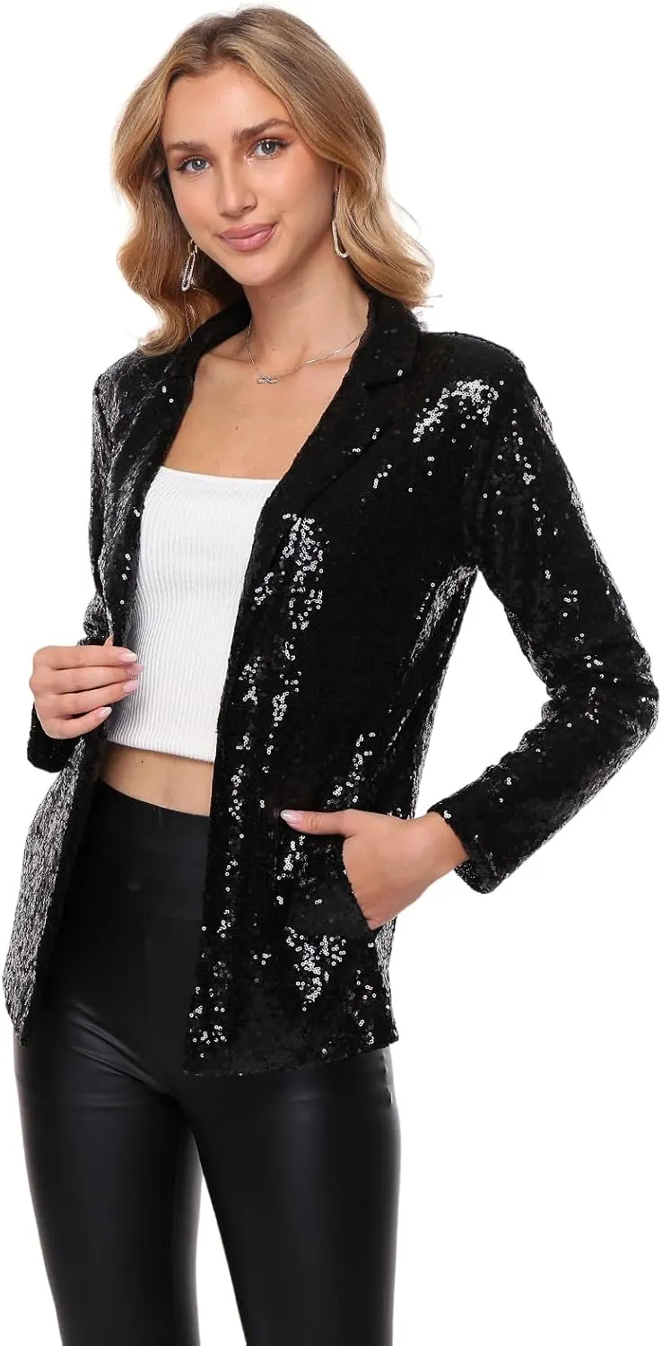 Women's Sequin Jacket Open Front Sparkly Blazer Jackets Casual Long Sleeve Party Glitter Cardigan Coat with Pockets