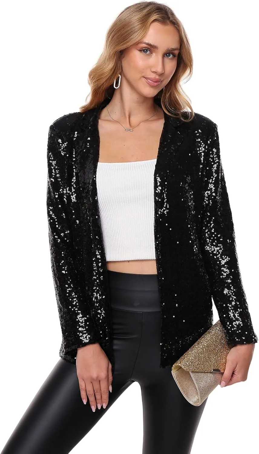 Women's Sequin Jacket Open Front Sparkly Blazer Jackets Casual Long Sleeve Party Glitter Cardigan Coat with Pockets