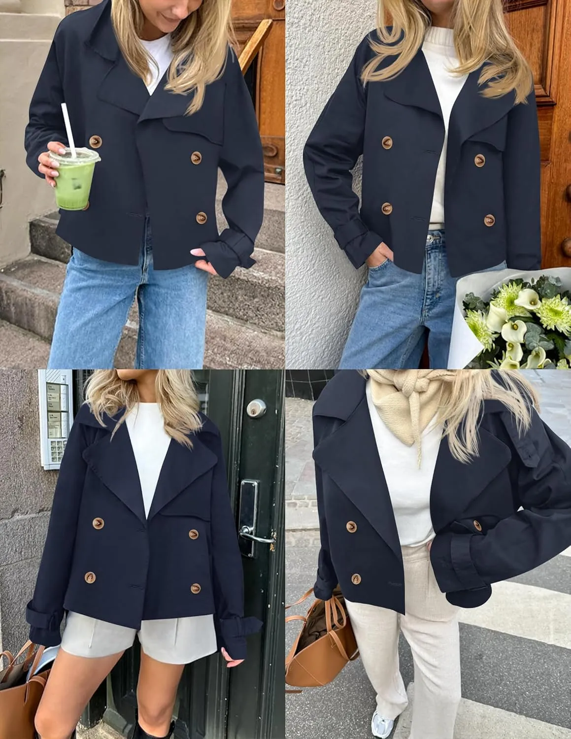 Women's Short Trench Coat Jackets Long Sleeve Double Breasted Notched Lapel Casual Loose Jacket With Pockets