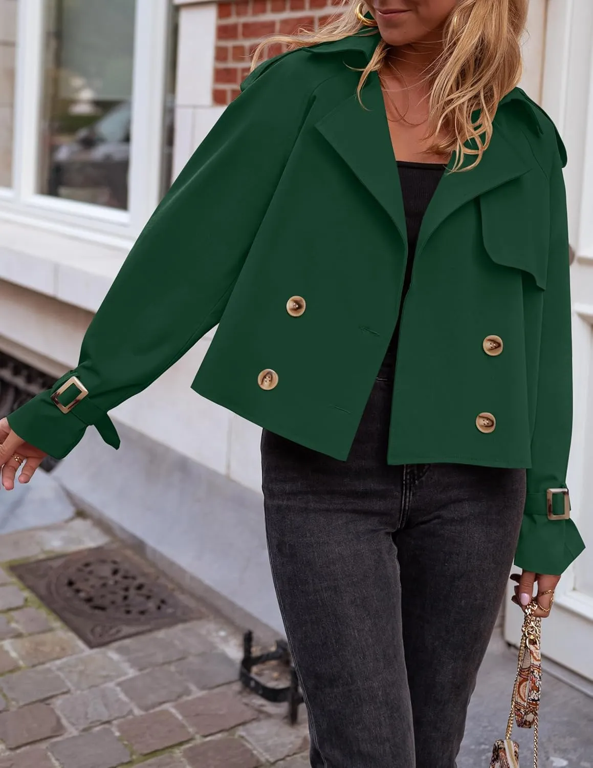 Women's Short Trench Coat Jackets Long Sleeve Double Breasted Notched Lapel Casual Loose Jacket With Pockets