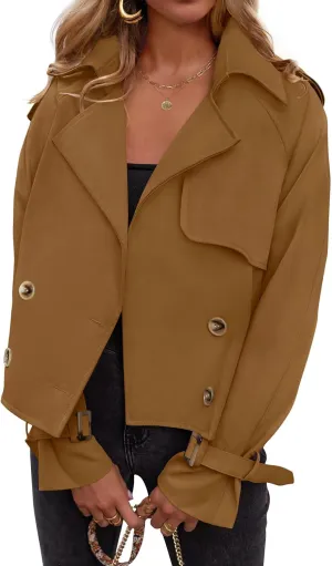 Women's Short Trench Coat Jackets Long Sleeve Double Breasted Notched Lapel Casual Loose Jacket With Pockets