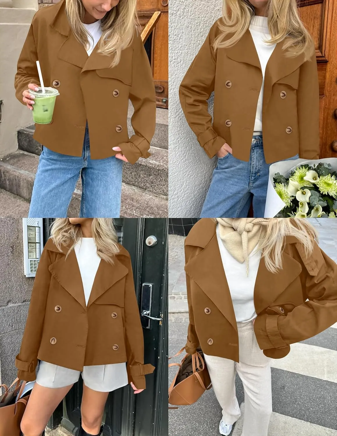 Women's Short Trench Coat Jackets Long Sleeve Double Breasted Notched Lapel Casual Loose Jacket With Pockets