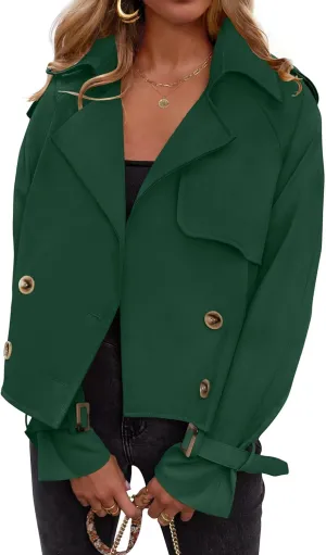Women's Short Trench Coat Jackets Long Sleeve Double Breasted Notched Lapel Casual Loose Jacket With Pockets