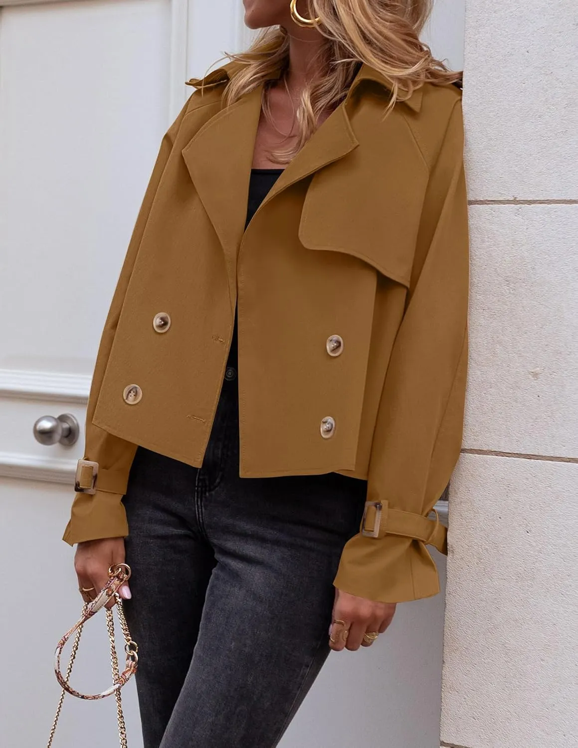 Women's Short Trench Coat Jackets Long Sleeve Double Breasted Notched Lapel Casual Loose Jacket With Pockets