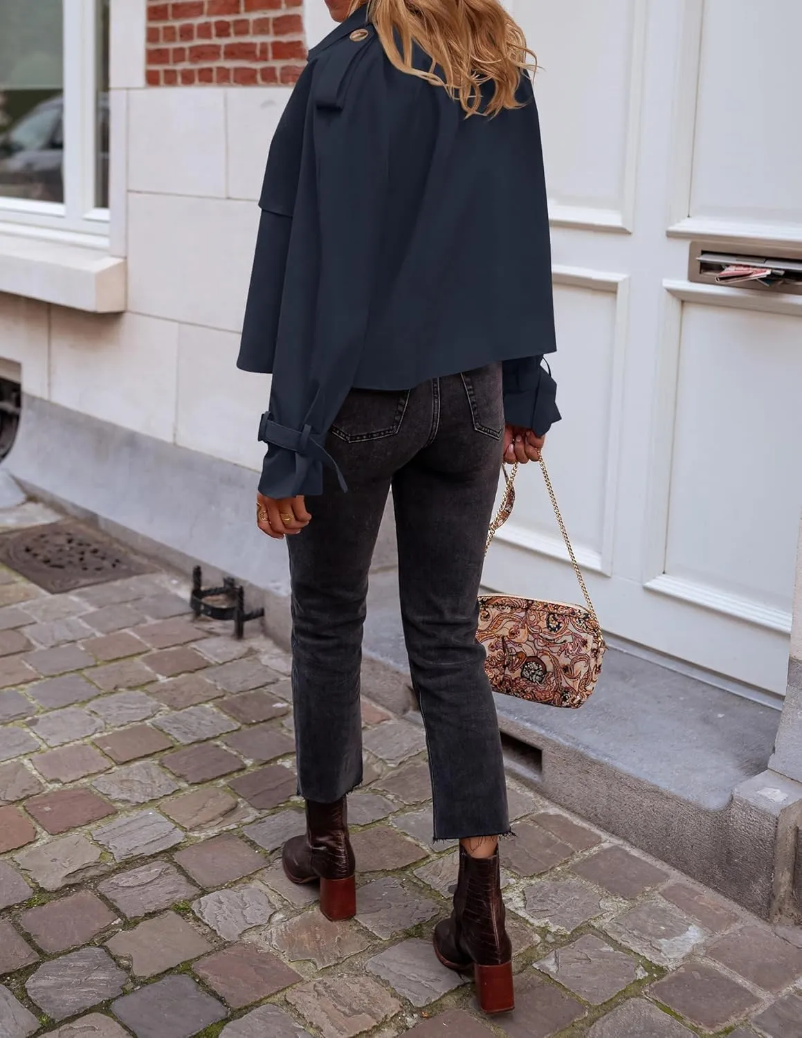Women's Short Trench Coat Jackets Long Sleeve Double Breasted Notched Lapel Casual Loose Jacket With Pockets