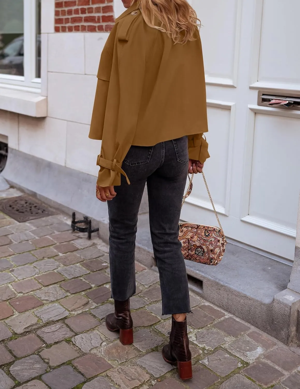 Women's Short Trench Coat Jackets Long Sleeve Double Breasted Notched Lapel Casual Loose Jacket With Pockets