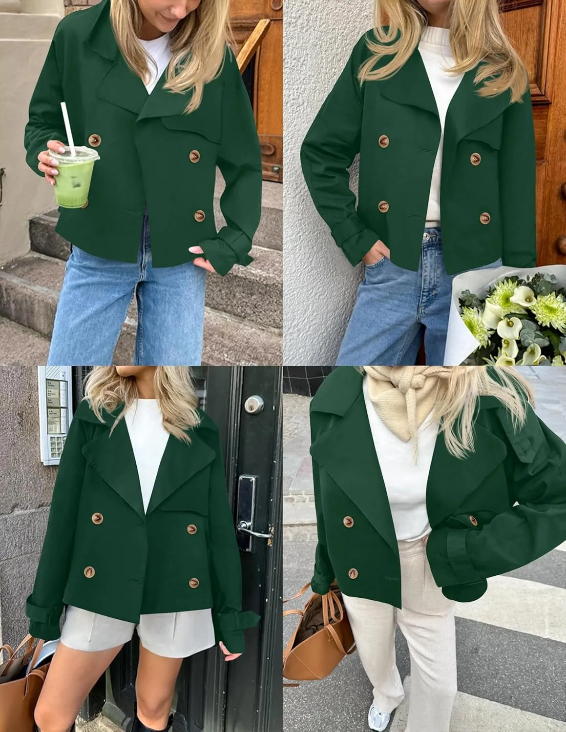 Women's Short Trench Coat Jackets Long Sleeve Double Breasted Notched Lapel Casual Loose Jacket With Pockets
