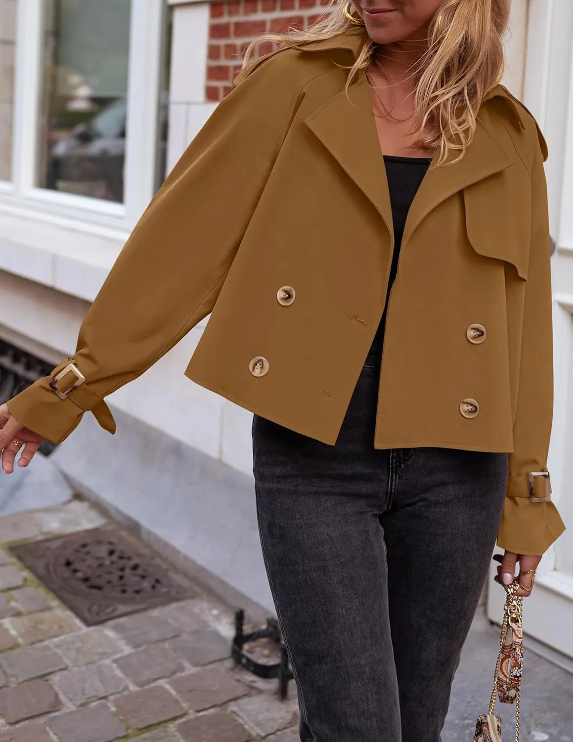 Women's Short Trench Coat Jackets Long Sleeve Double Breasted Notched Lapel Casual Loose Jacket With Pockets