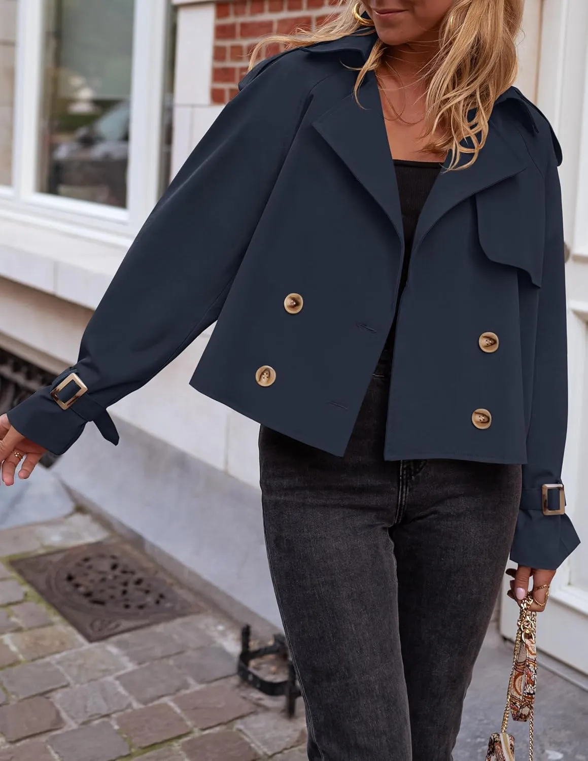 Women's Short Trench Coat Jackets Long Sleeve Double Breasted Notched Lapel Casual Loose Jacket With Pockets