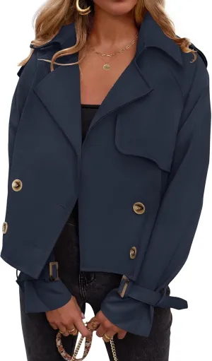 Women's Short Trench Coat Jackets Long Sleeve Double Breasted Notched Lapel Casual Loose Jacket With Pockets