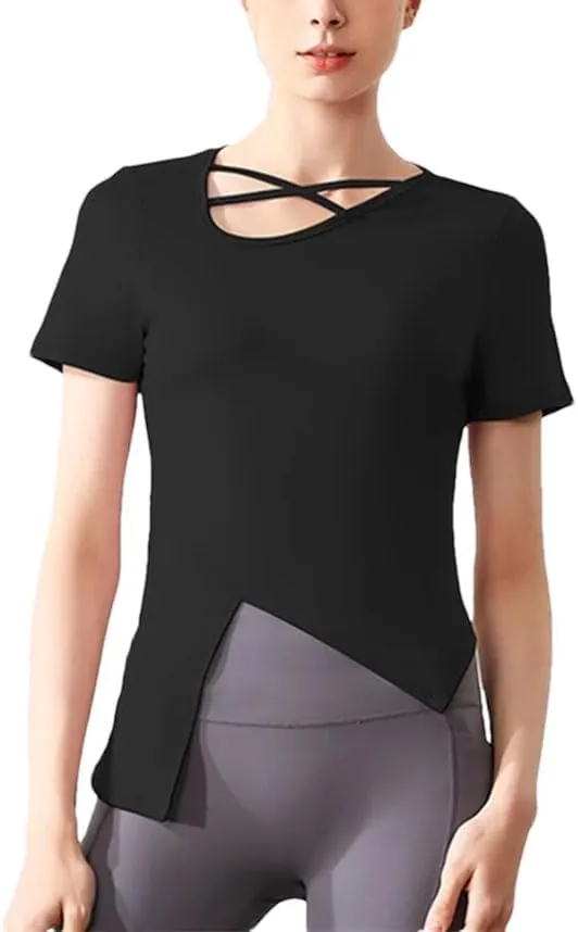 Women's Slim Yoga Shirts Short Sleeves Sport T-Shirts Irregular Hem Quick Dry Elastic Gym Fitness Tops