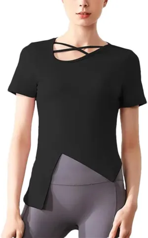 Women's Slim Yoga Shirts Short Sleeves Sport T-Shirts Irregular Hem Quick Dry Elastic Gym Fitness Tops