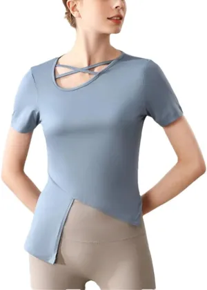 Women's Slim Yoga Shirts Short Sleeves Sport T-Shirts Irregular Hem Quick Dry Elastic Gym Fitness Tops