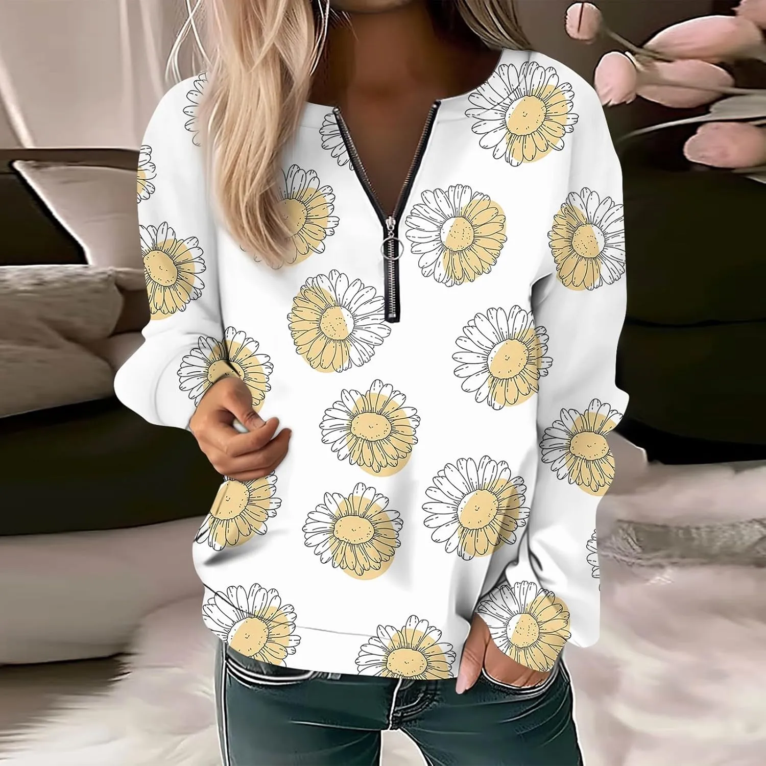 Women's Sweatshirts Trendy Graphic Print Crew Neck Half Zip Long Sleeve Tops 2024 Fall Casual Fashion Outfits