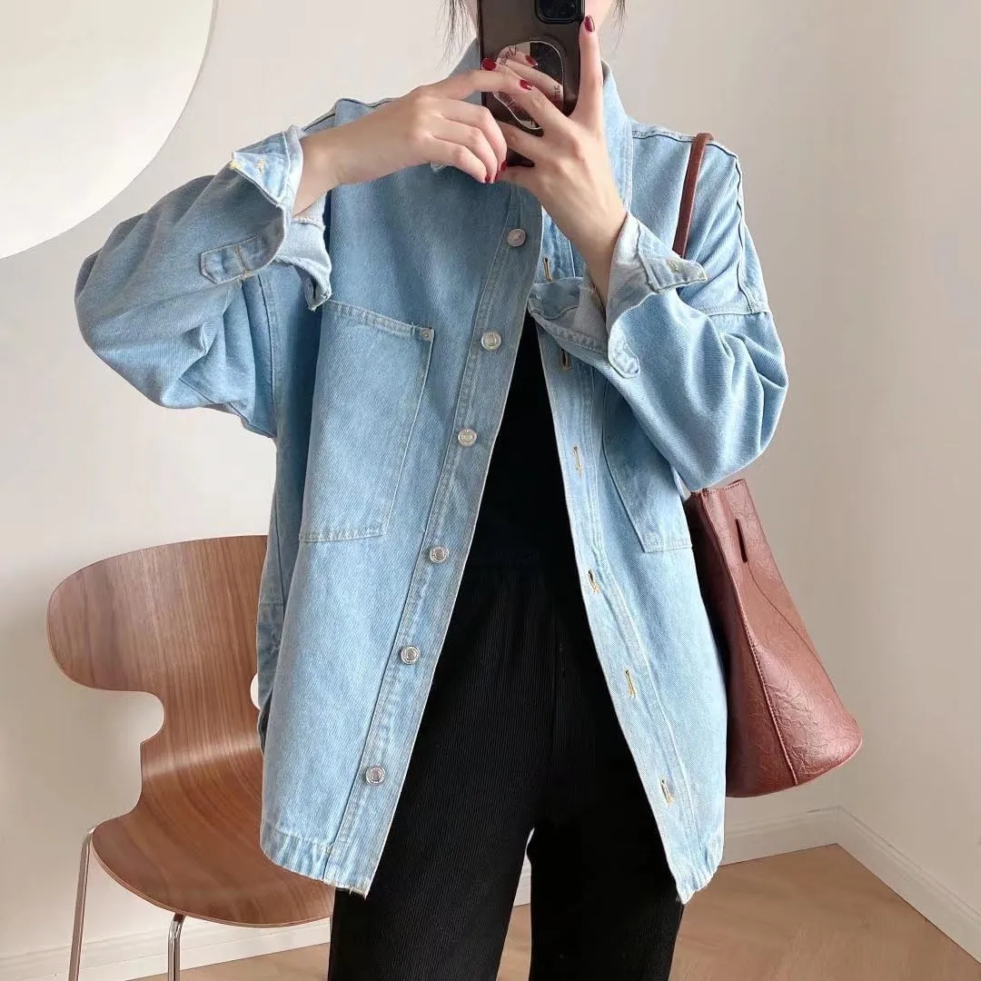 Women's Vintage Oversized Jean Jacket Y2K Boyfriend Long Denim Jackets Aesthetic Shacket Trucker Coats Emo Alt Clothes