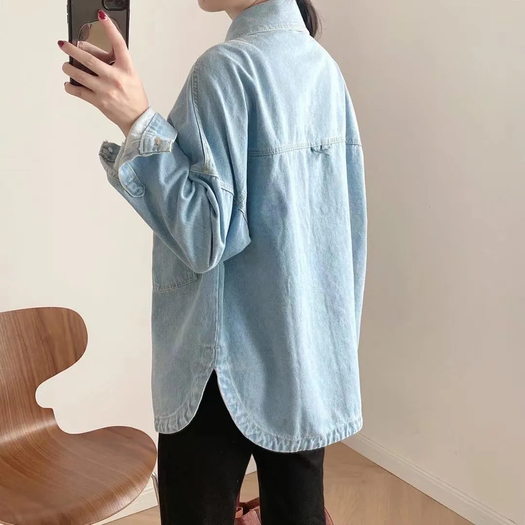 Women's Vintage Oversized Jean Jacket Y2K Boyfriend Long Denim Jackets Aesthetic Shacket Trucker Coats Emo Alt Clothes