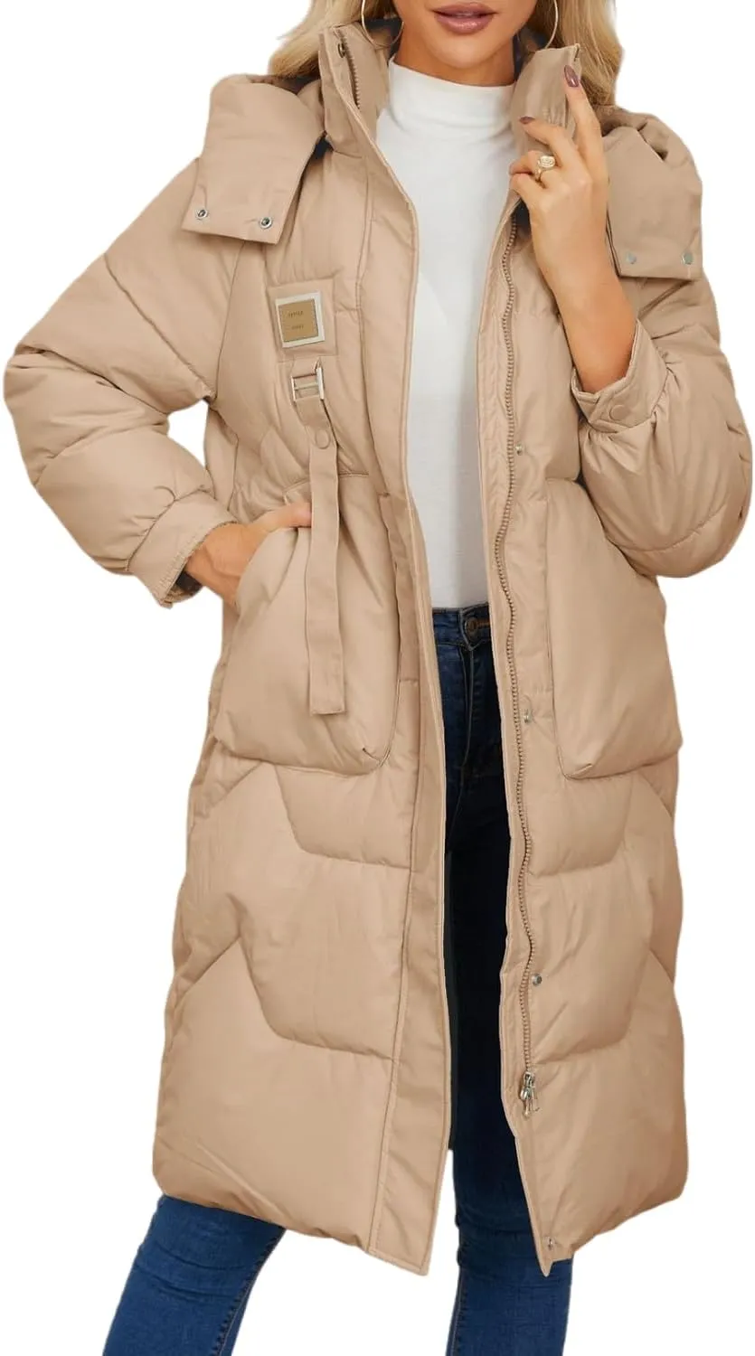 Xixiuly Women's Winter Warm Long Puffer Coat with Removable Hood Thicken Lined Zip Parka Coats Warm Outwear with Big Pockets