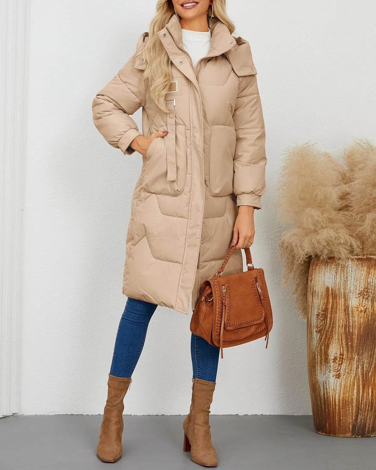 Xixiuly Women's Winter Warm Long Puffer Coat with Removable Hood Thicken Lined Zip Parka Coats Warm Outwear with Big Pockets